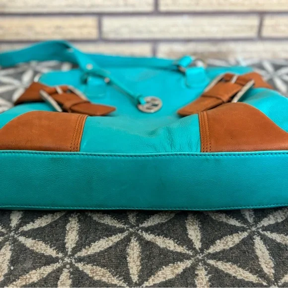 Aqua/Camel Leather Bag - NEW - Nappa Leather Handbag - Leather Purse - Picture 9 of 15